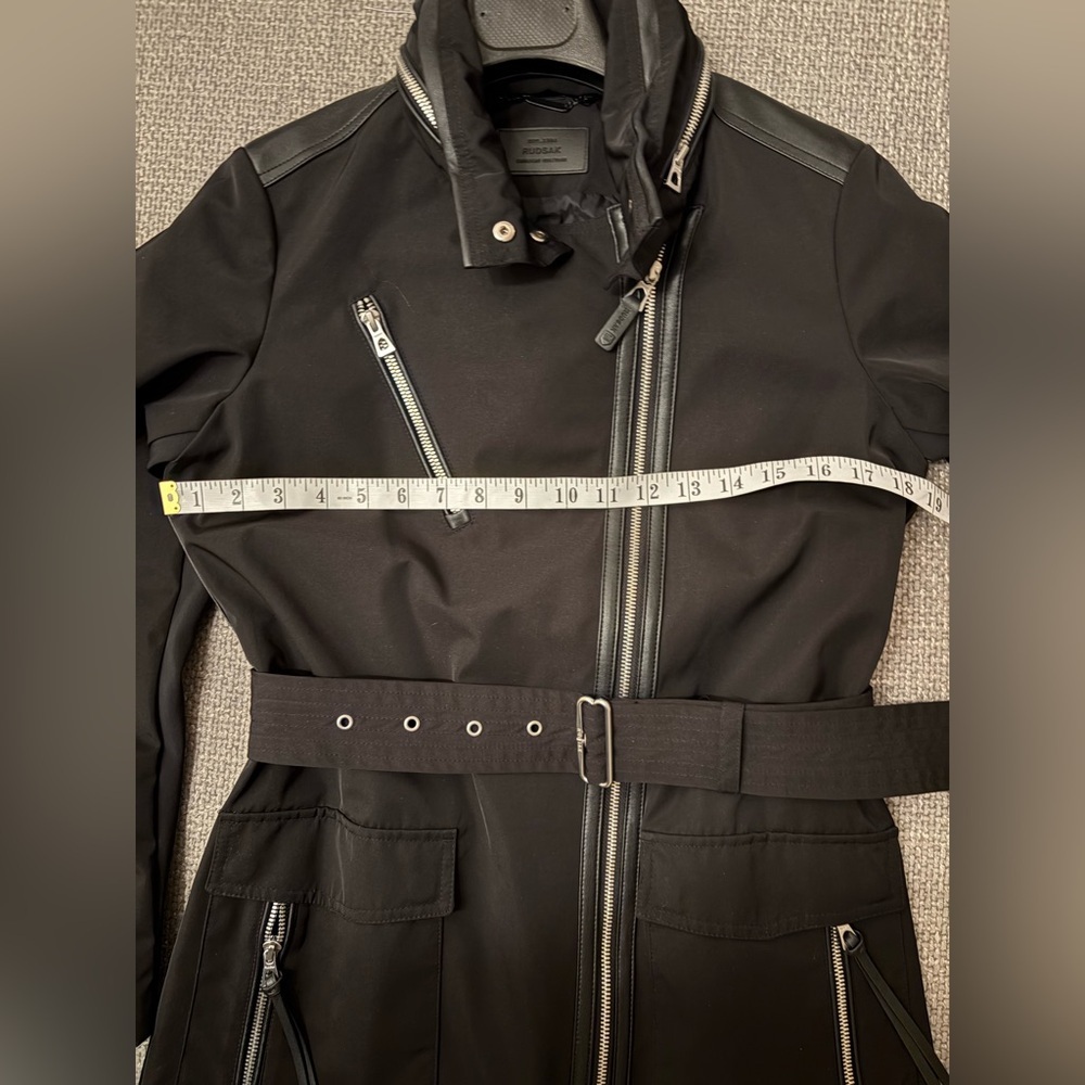RUDSAK Moira Black Belted Jacket Hidden Hood Leather Trim Size XS - Picture 12 of 16